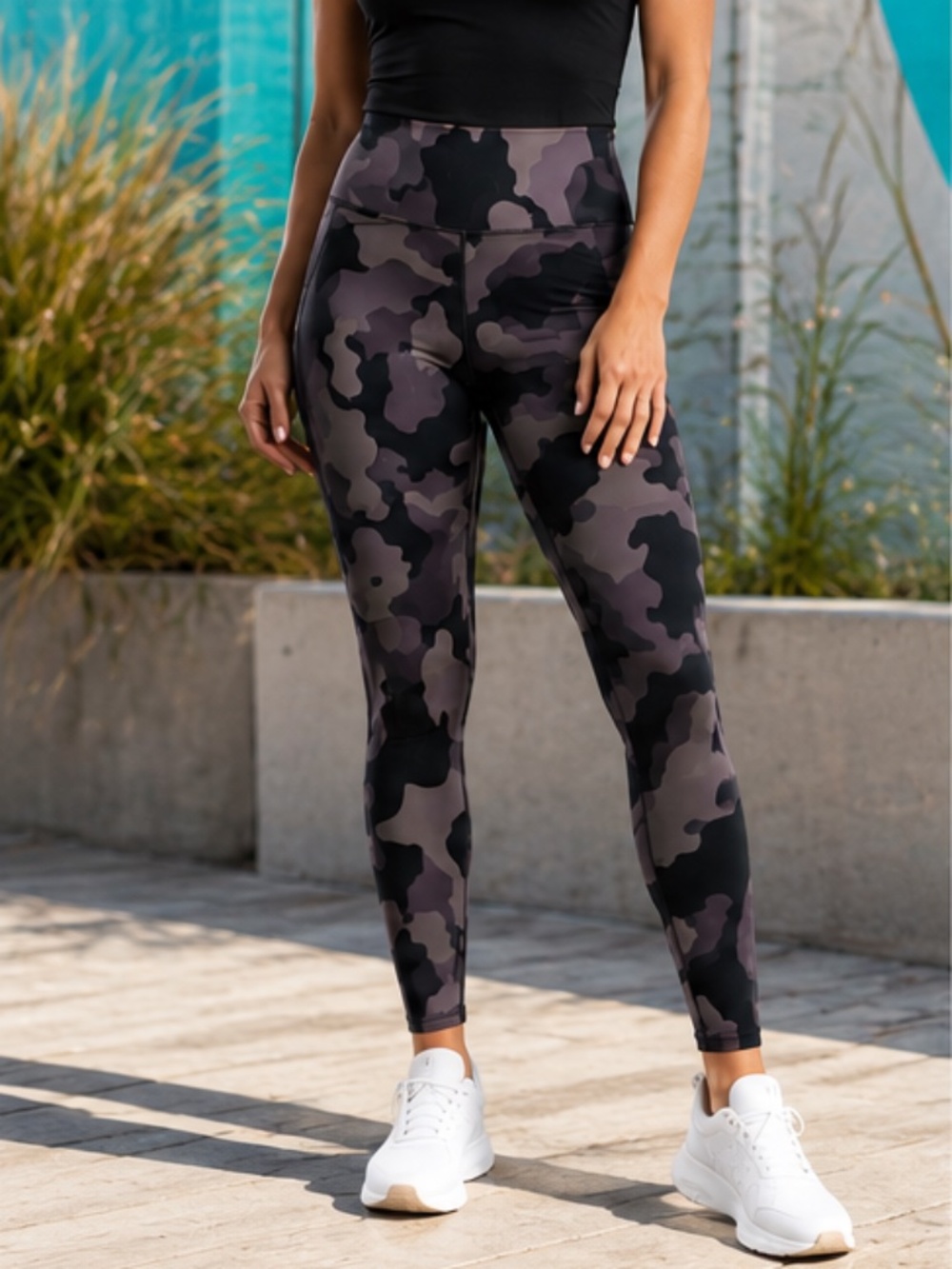 G by Giuliana Camo Leggings Side Pockets Gray Black M NWOT